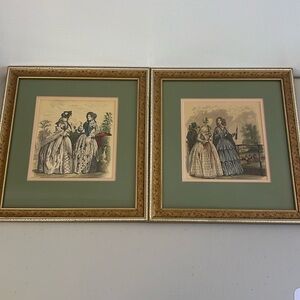 Vintage Pair Colored Illustrations Victorian Women, Equestrian, GORGEOUS Frames